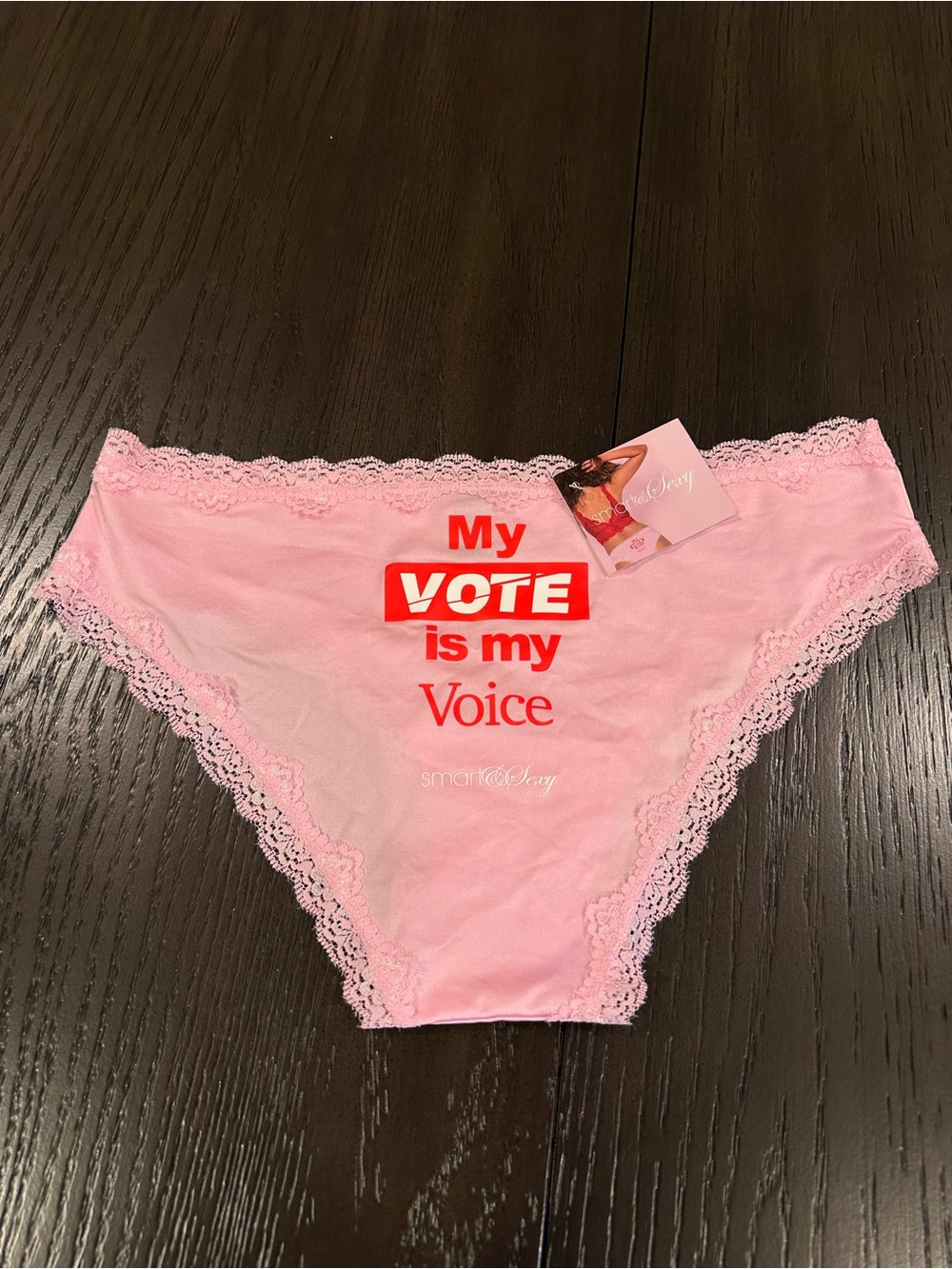 smart & sexy Pink Lace-Trim Briefs with Red Vote Graphic